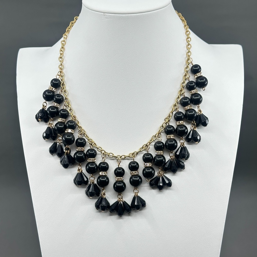 Black Beaded Bib Necklace Gold Tone Rhinestone Teardrop Gothic Statement Jewelry